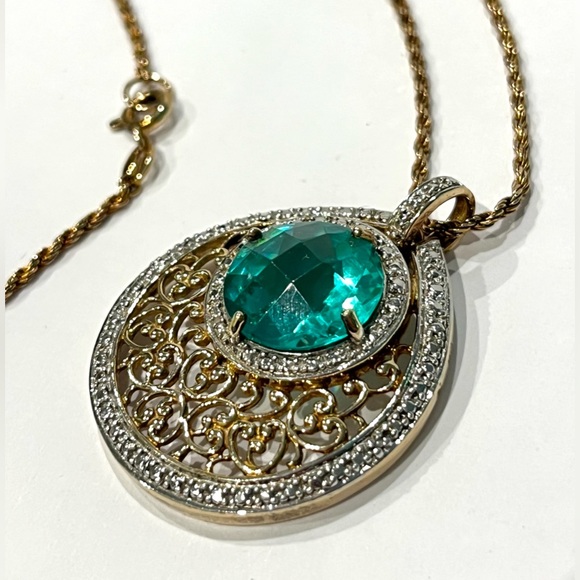 Sterling Silver Necklace with Green Rhinestone Pendant 30” Chain - Picture 2 of 10